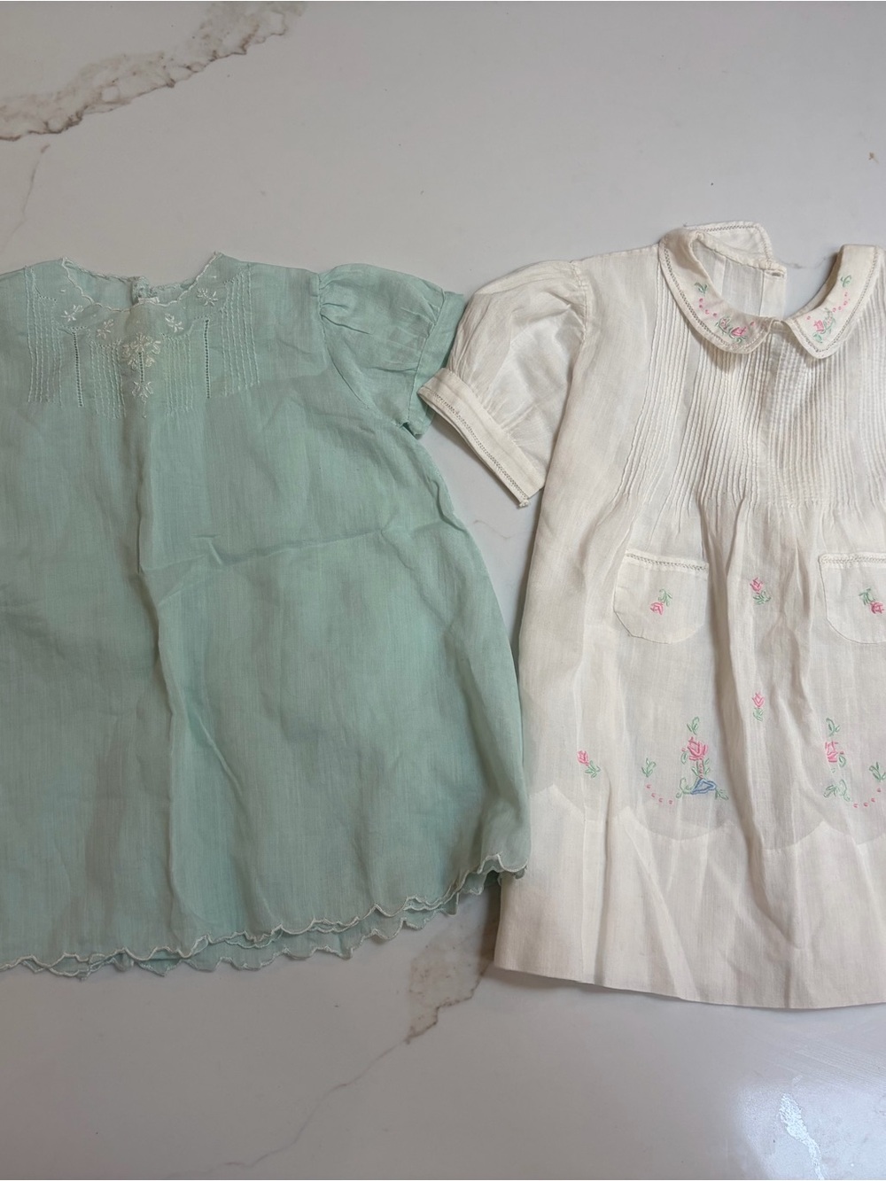 Pemae Handmade Vintage Set of Two Baby Dresses in Mint Green and White 6m
